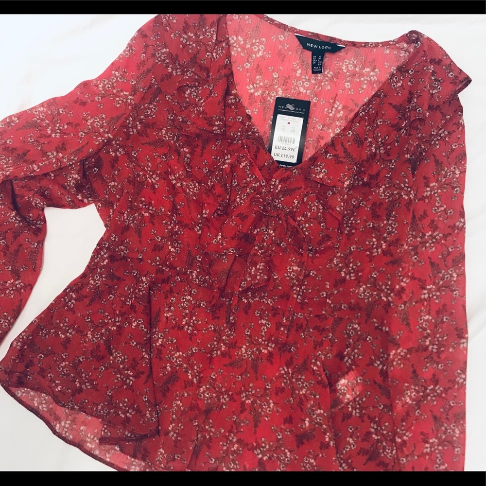New look flowy blouse tie front frills bell sleeve